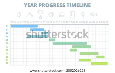 Project schedule. Year timeline, work development chart template. Gantt diagramm for business startup, infographic calendar. Planning utter vector scheme
