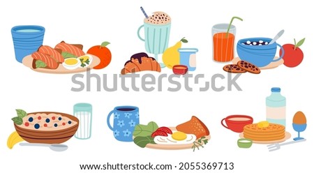 Different breakfast food. Serving meal, cooked healthy dish for dinner or lunch. Traditional morning menu, toasts and drinks. Brunch decent vector kit