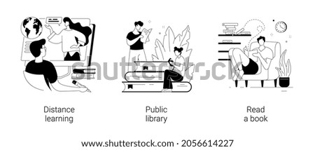 Off campus learning abstract concept vector illustration set. Distance learning, public library, read a book, off campus learning, tutoring and workshop, download e-book, homework abstract metaphor.