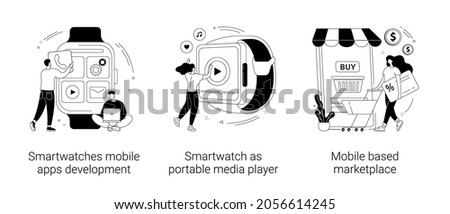 Wearable devices abstract concept vector illustration set. Smartwatches mobile apps development, portable media player, mobile based marketplace, dev team, e-shop app purchase abstract metaphor.