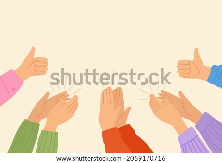 Hands clap. People clapping, celebration succesful deal. Cheers team, support or congratulate. Appreciation crowd, crowd applaud decent vector banner