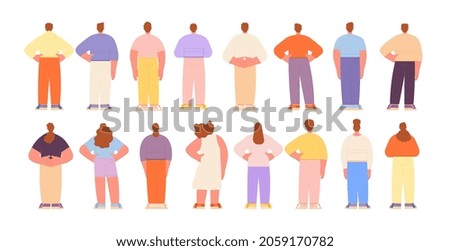 Back stand people. Crowd backs, group character looking at future. Isolated flat man woman, back view adults. Backside human poses utter vector set