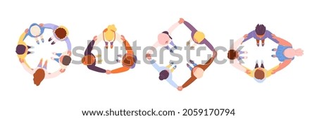 Friendship hugs. Hugging circle, man support in geometric shapes. Isolated community metaphor, people stand together and hug. Top view utter vector characters