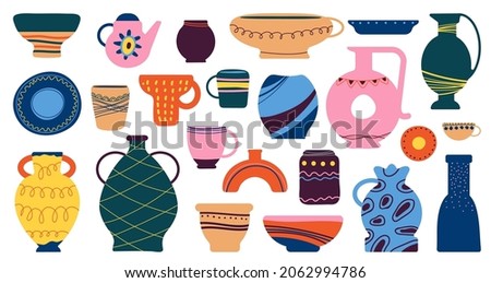 Home decorative utensils. Kitchen ceramic pottery, bowl cup dish. Art crockery and tableware. Household elements, vintage porcelain decent vector set