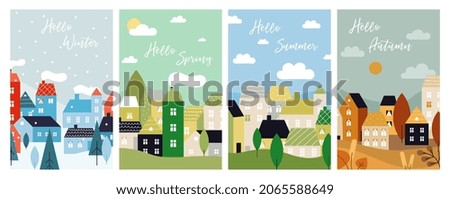 Four season cards. Autumn winter spring summer flyers with city landscape. Seasonal greetings poster, Christmas time. Country neighborhood, nature and cute tiny houses illustration