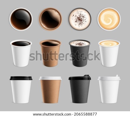 Takeaway coffee mock up. Tasse de papier plastique pour le liquide et la boisson à aller. Espresso latte cappuccino mug, illustration de boissons pour le petit-déjeuner
