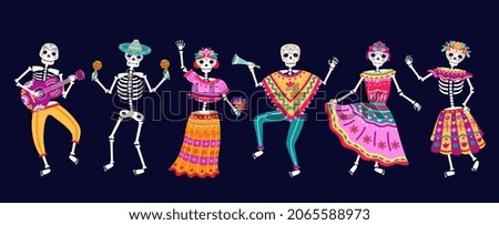 Dancing skeletons. Dead day party, sugar skull or halloween holiday. Traditional mexican music festival, fun bright dance characters