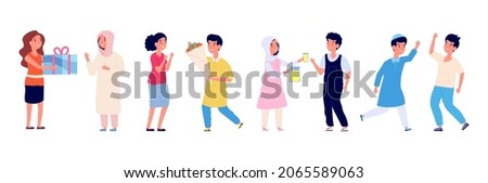 Arabian and european kids good manners. Different nationality children gift present and flowers, high five. International friendship illustration