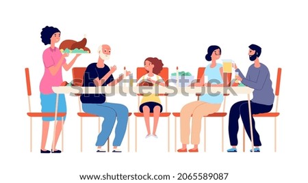 Thanksgiving dinner. Cartoon family eating, holiday table meals. Cute adults kids together, traditional christmas lunch illustration