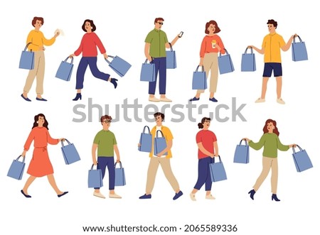 People with purchases. Shopping bag, shop guy and female buying on crazy sale. Isolated shopper character, happy person in retail set