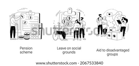 Social care abstract concept vector illustration set. Pension scheme, leave on social grounds, aid to disadvantaged groups, retirement plan, care for sick people, volunteer help abstract metaphor.