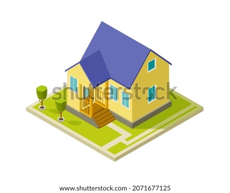 Urban cottage exterior. Simple isometric house building. Isolated 3d home with trees illustration