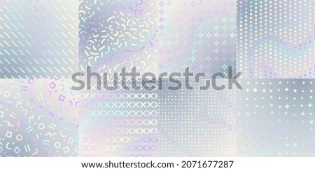 Holographic textures. Iridescent foil, hologram poster cover or print. Metallic rainbow, abstract art gradient glitter patterns set