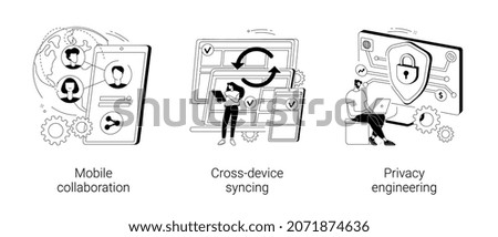 Networking app software abstract concept vector illustration set. Mobile collaboration, cross-device syncing, privacy engineering, mobile and desktop versions, personal data defense abstract metaphor.