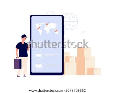 Man choose delivery. Online shipping service, different cargo transportation with plane, truck or ship. Flat boy tracking parcel with mobile illustration