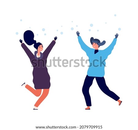People enjoy snow. Man woman jumping snowfall, flat happy winter characters. Season activity in cold weather illustration