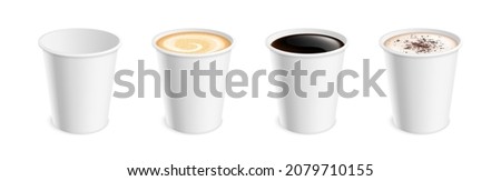 White realistic coffee mug. Hot cup latte mocha cocoa cappuccino, americano or espresso for breakfast. Isolated 3d takeaway drink set