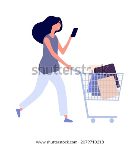 Woman shopping. Sale season, isolated flat style girl with cart. Female shopper bying food or clothing in store illustration