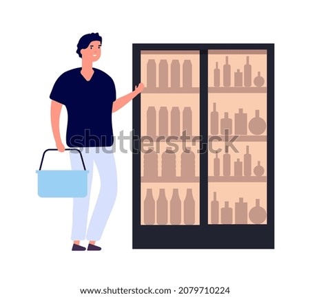 Shopper and fridge. Man buying drinks. Flat style male character with shopping cart. Isolated guy in grocery store illustration