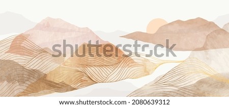 Abstract Mountain background vector. Minimal landscape art with watercolor brush and golden line texture. Abstract art wallpaper for prints, Art Decoration, wall arts and canvas prints. 