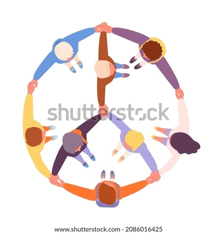 People in peace symbol. Hugging support circle, man lifestyle and cooperation. Friends teamwork or community group, modern diverse society, utter vector scene