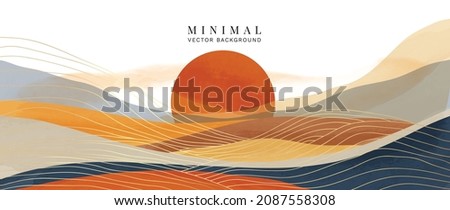 Mountain background vector. Minimal landscape art with watercolor brush and golden line art texture. Abstract art wallpaper for prints, Art Decoration, wall arts and canvas prints. 