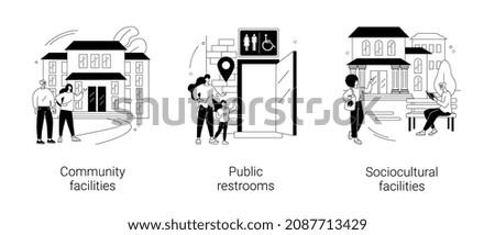 Public places abstract concept vector illustration set. Community facilities, public restrooms, sociocultural infrastructure, cleaning and hygiene, health centre, school building abstract metaphor.