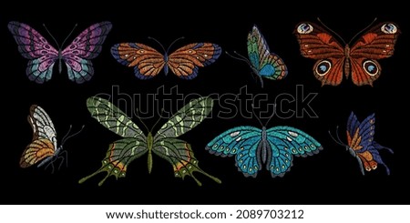 Embroidery butterflies. Floral butterfly, orange blue flying insects. Textile decoration, fashion graphic patches. Stitch templates, nowaday vector set