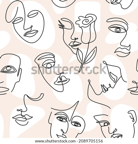 Abstract line face pattern. Bohemian woman faces profile, textile art print. Trendy fashion drawing girls, aesthetic minimal doodle decent vector seamless texture