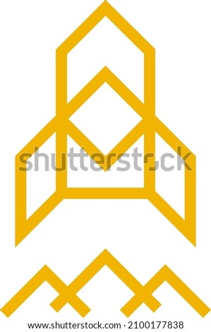 Rocket rising above mountains. Icon in geometrical line style