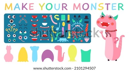 Create monster. Creation kit for kids, children play with eyes, body and mouth. Monsters game, parts of body and face. Funny elements decent vector set