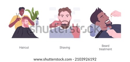 Barbershop isolated cartoon vector illustration set. Stylish man getting haircut in barbershop, shaving beard in salon, professional barber applies cosmetics, men beauty salon vector cartoon.