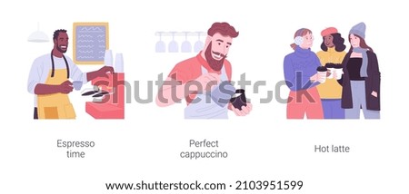 Conjunto de ilustraciones vectoriales de dibujos animados aislados de la cultura del café. Barista profesional preparando el espresso en una cafetería, haciendo capuchino, grupo de niñas bebiendo café latte, bebida caliente vectorial dibujos animados.