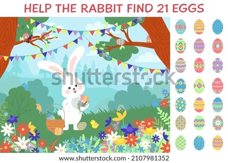 Eggs hunt. Easter puzzle game location with bunny and egg in garden or forest. Hare and chicken with basket, festive play hidden objects decent vector background