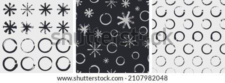 Grunge brushes circles. Hand drawn dirty seamless pattern, simple snowflakes and round sketched vector elements