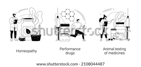 Pharmaceutical business abstract concept vector illustration set. Homeopathy, performance drugs, animal testing of medicines, anabolic steroids, holistic approach, natural drug abstract metaphor.