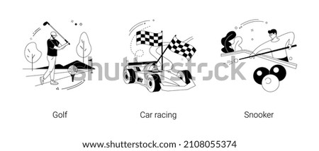 Professional sport abstract concept vector illustration set. Golf world championship, Formula 1 automobile sport, snooker biliard game, professional racer, high speed, grand prix abstract metaphor.