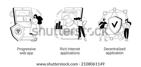 Mobile app development abstract concept vector illustration set. Progressive web app, rich Internet and decentralized applications, open source platform, user interaction design abstract metaphor.