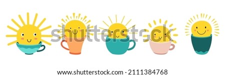 Sun in cup. Cute suns in mugs. Sunshine, good morning concept. Coffee, tea, cocoa drinks. Popular beverages with sunny characters vector set