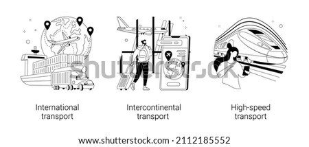 Modern transportation abstract concept vector illustration set. International, intercontinental and high-speed transport, sea freight, air cargo, plane at airport, railway station abstract metaphor.