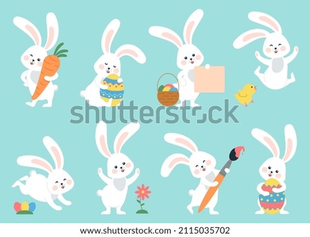 Easter bunny. Modern egg, bunnies for kids standing with placard. Rabbit or hare, spring festive animal with flower and chick. Cartoon holiday decent vector character