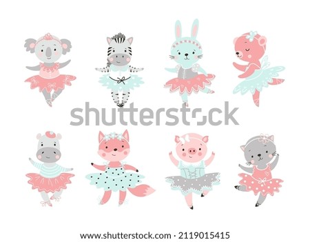 Ballet animal. Bear in tutu, baby rabbit ballerina. Cute fairy dance animals. Girls coala, fox and kitty dancing. Adorable cartoon nowaday vector clipart