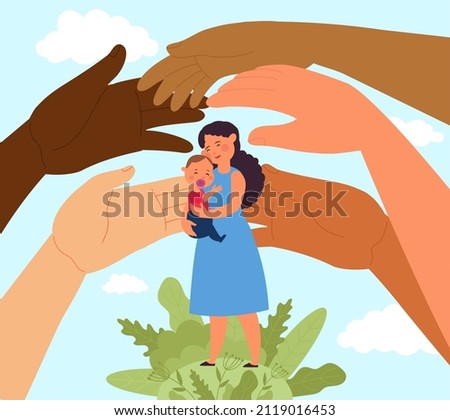 Single mother protect. Human security, society and motherhood. Support and protection alone young parents. Giant hands caring about girl with baby, decent vector scene