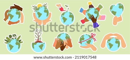 Eco stickers. People hold earth, nature climate change and ecology problen on planet badges. Protect environment together, decent vector labels