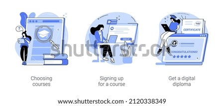 Distance education isolated cartoon vector illustrations set. Choosing online course, signing up for a distance learning, get a digital diploma, online degree certificate, enrollment vector cartoon.