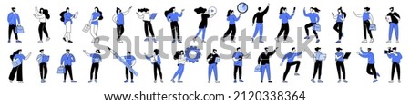 Linear vector illustration set of business people in work process. Diverse men and women solve business problems, carry out work assignments, explaining the presentation, clerks do office tasks.