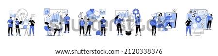 Team communication abstract concept vector illustration set. Meeting and brainstorm, online meetup, corporate presentation, creative ideas and solutions, teamwork, conference call abstract metaphors.