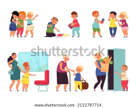 Good manners kids. Child helping, cute kid kind behavior. Boy girl respect old people, pregnant woman. Cartoon etiquette decent set