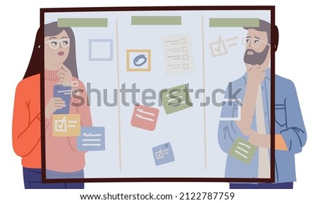 Woman man thinking. Couple behind glass planning board with tasks. Team brainstorm, detectives at work. Business process, creative start up or collective working concept