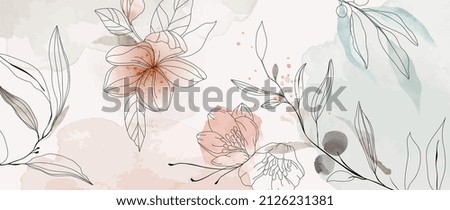 Floral hand drawn background. Botanical line art wallpaper with flowers, branches and eucalyptus leaves. Design in red and green shades watercolor texture for banner, prints, wall art and home decor.